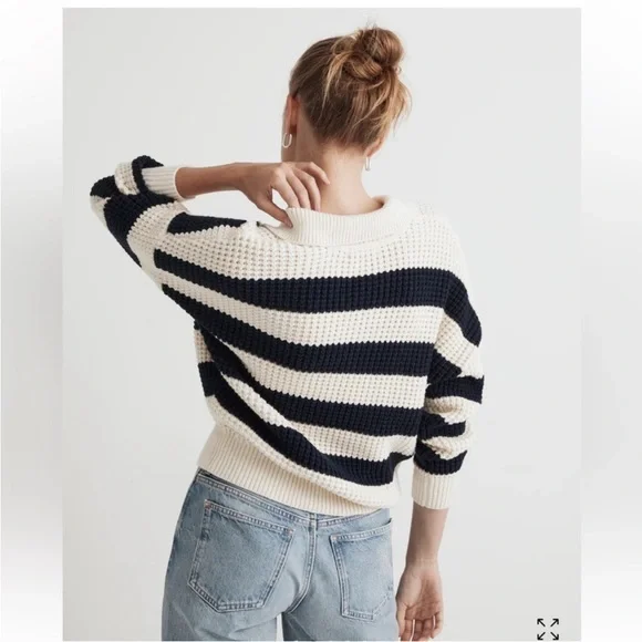 Madewell Antique Cream Striped Waffle-Knit Henley Sweater Size M Relaxed Fit - Picture 6 of 16